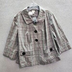 Venezia Women Jacket 16 Gray Plaid Button Up Pockets 3/4 Sleeve Collar NWT